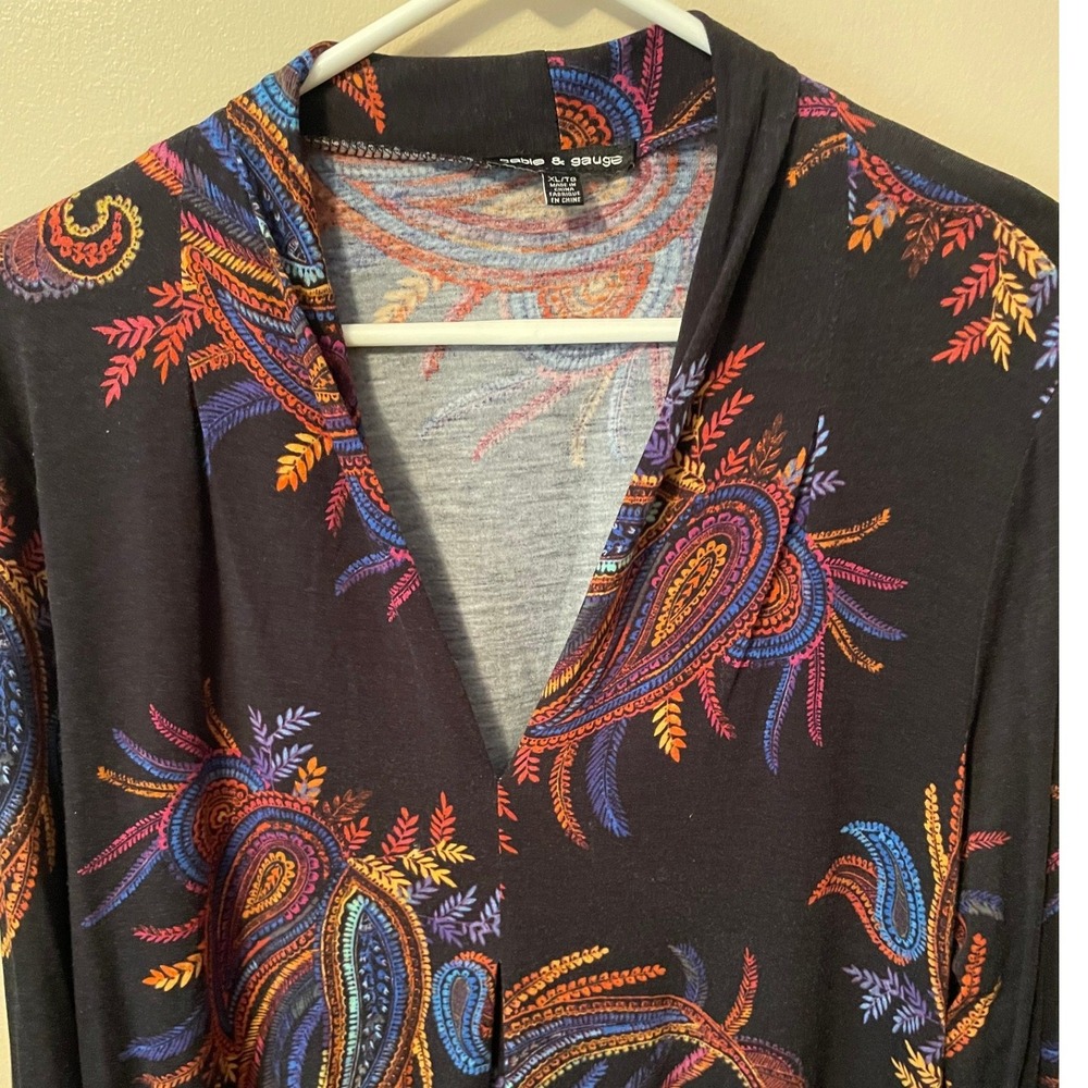 Cable & Gauge Wm XL Paisley V-Neck Long Sleeve Tunic Multi-Color Boho Lightwgt - Picture 2 of 9